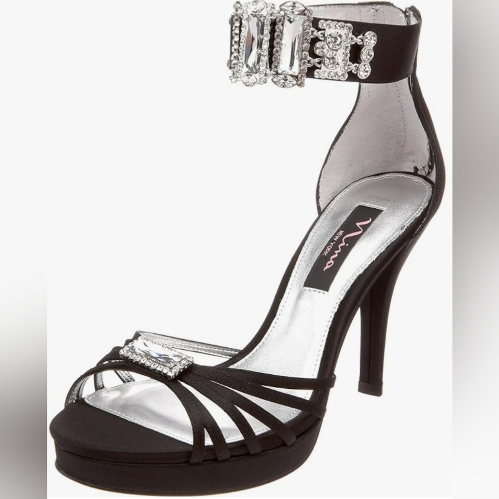 Nina Evening Black Heel Sandals with Rhinestones